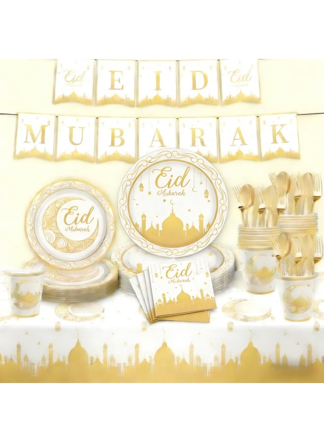 72 PCS Ramadan Eid Mubarak Party Supplies Tableware Set Eid Mubarak Plates and Napkins White Gold Party Plates For Ramadan Party Decorations, Serve 10 Guest - Image 1